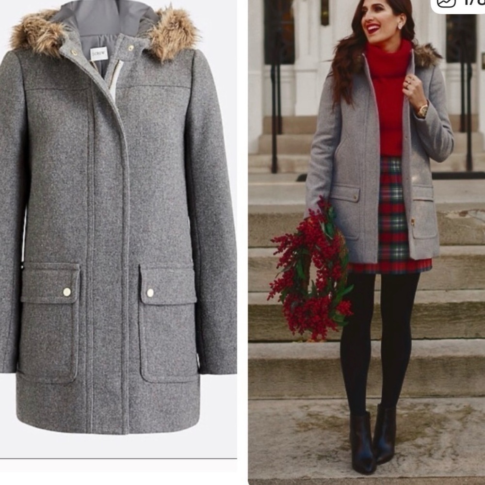 J.Crew Gray Wool Blend Coat Faux Fur Hood Size 10